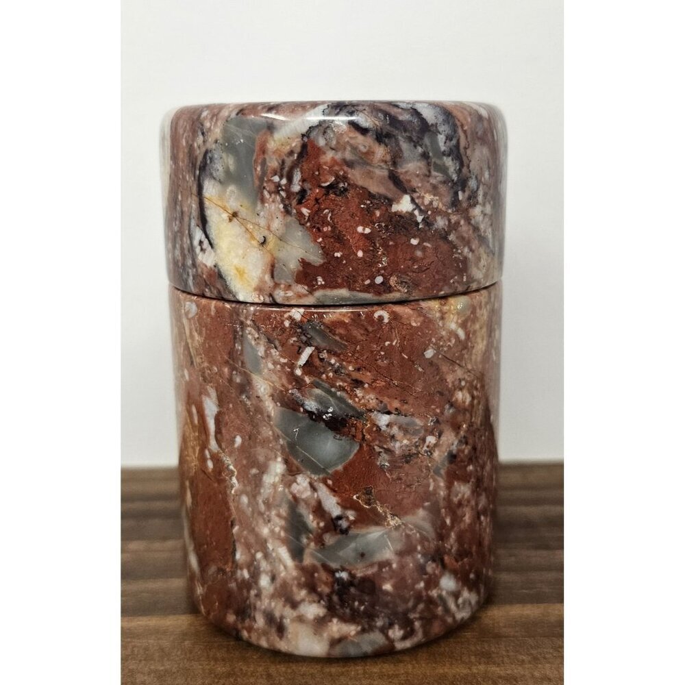Polished Red Marble Stoneware Lidded Container Jar 4.5" x 3" Decor Heavy